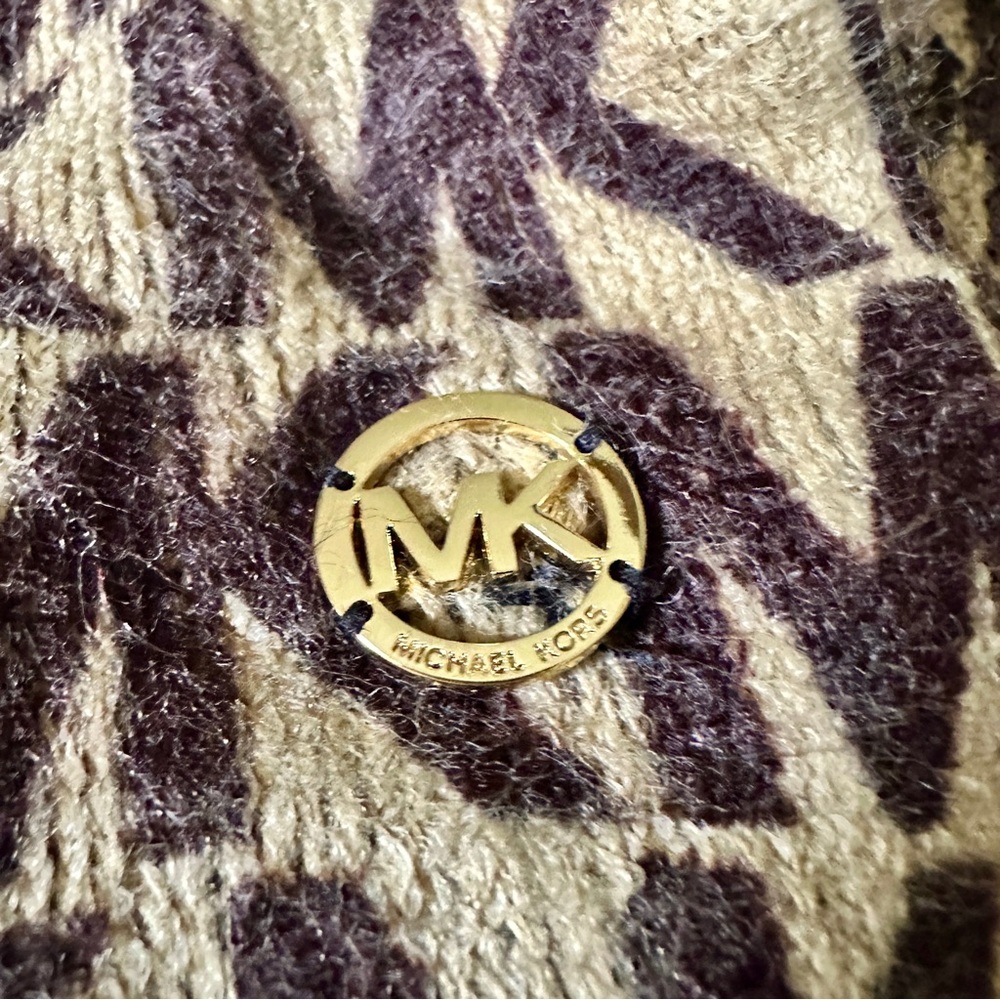 Michael Kors Tan and Brown Patterned Scarf With Gold MK Logo Button Sewed On